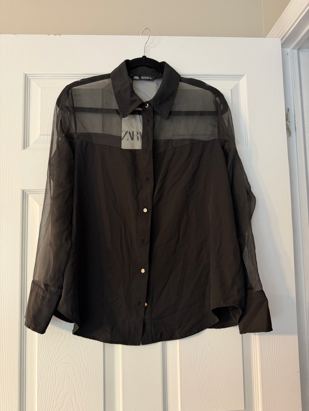 Zara Black Sheer Yoke Button-Up Shirt Jacket